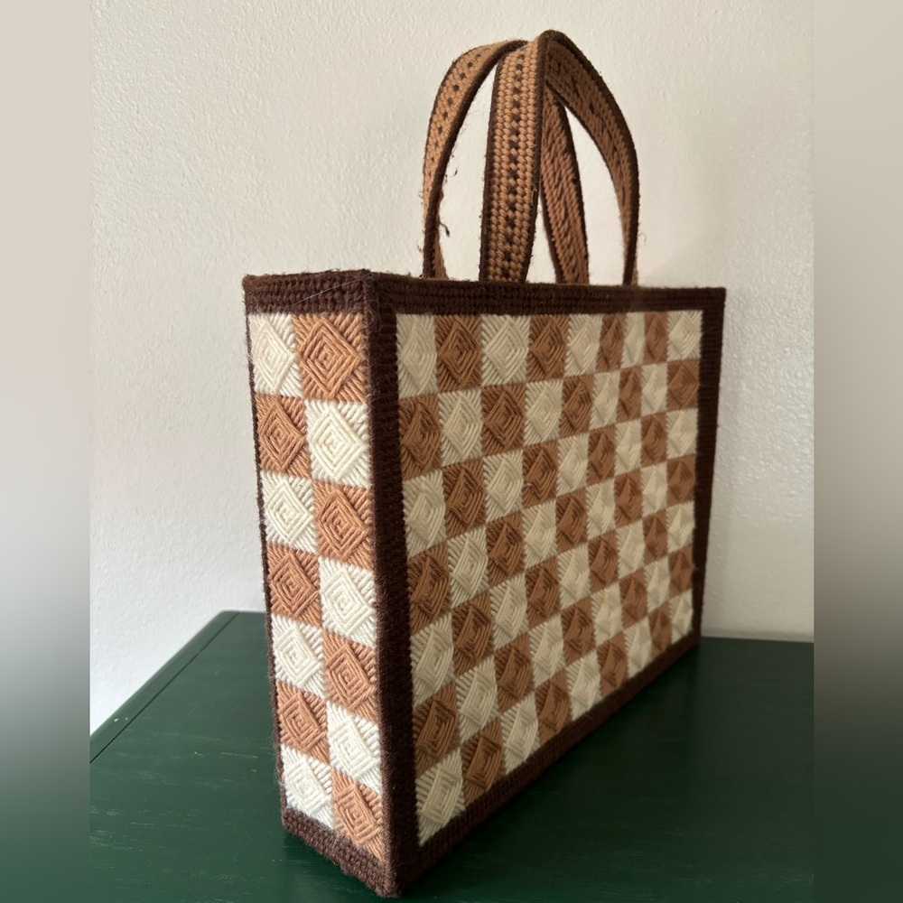 Brown and Cream Checkered Tote Bag
